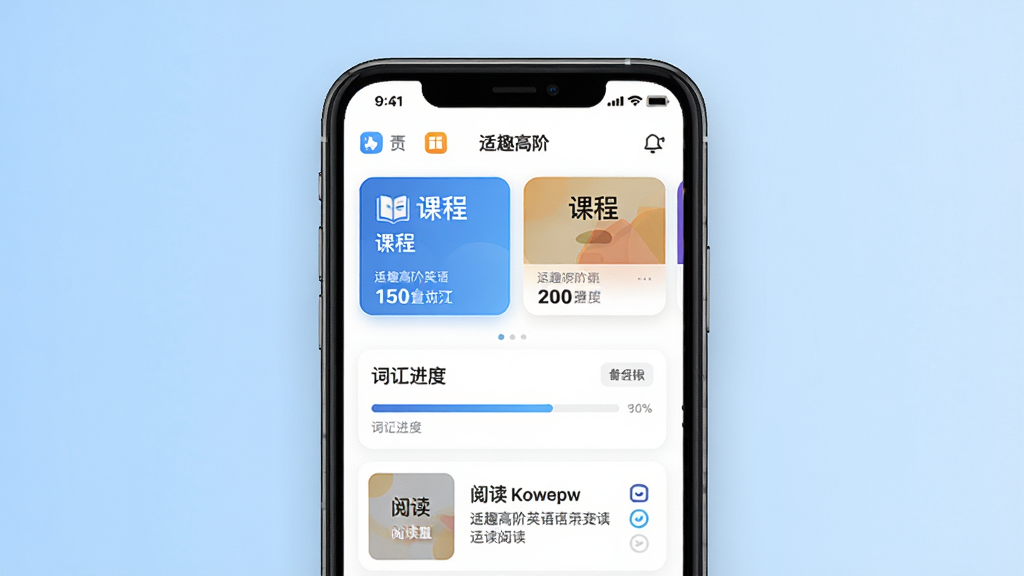 适趣高阶英语软件主界面展示,画面中央为手机屏幕,屏幕内呈现适趣高阶英语APP的学习首页,包含课程卡片、词汇进度条与阅读模块入口,背景为浅蓝色渐变,整体布局简洁清晰,风格现代教育类APP界面,细节包含图标、文字标签与进度环,画质高清,干净,无多余元素