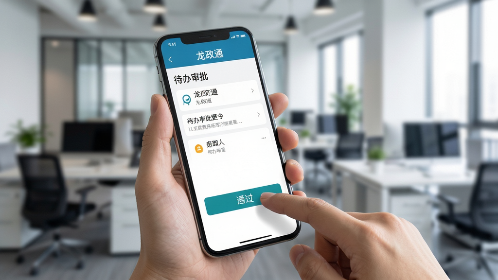 画面展示一只手握持手机,屏幕显示“龙政通”待办审批界面,手指正点击通过按钮,背景为虚化的现代办公室环境,布局突出手机屏幕内容,风格写实商务,细节清晰,画质干净,无多余元素