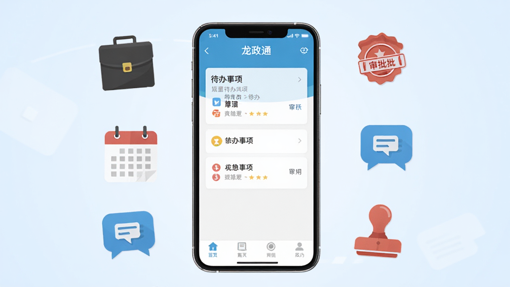 画面中央一部智能手机竖屏展示“龙政通”应用主界面,界面包含待办事项卡片与底部导航栏,手机周围环绕悬浮的公文包、日历、对话气泡、审批印章等扁平化图标,整体布局采用中心构图,背景为淡蓝色渐变,风格简约商务,细节清晰,画质干净,无多余元素