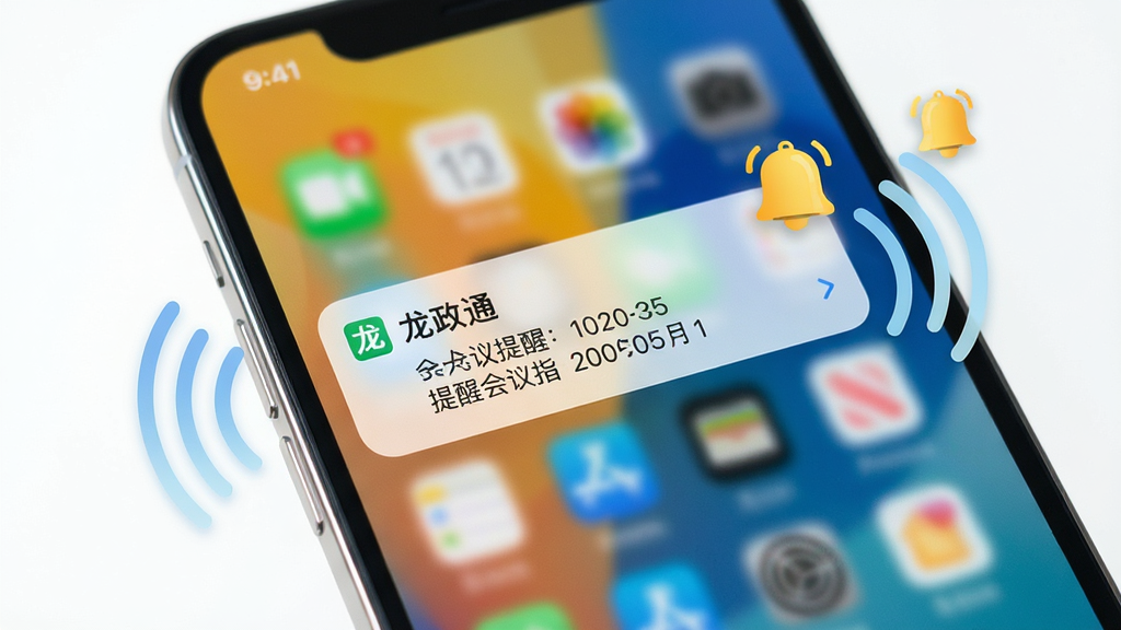 画面展示一部手机屏幕亮起,弹出“龙政通”新消息通知横幅,通知内容显示会议提醒,手机周围有信号波纹和铃铛图标点缀,布局以手机为视觉中心,风格简洁明快,配色清新,细节清晰,画质干净,无多余元素