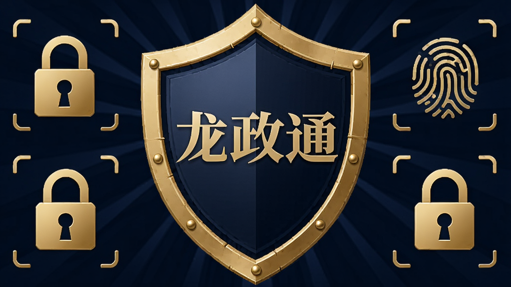画面以盾牌为中心视觉元素,盾牌表面印有“龙政通”字样,盾牌周围环绕锁形图标、指纹识别图标和数据加密符号,布局采用居中对称构图,风格安全稳重,配色为深蓝与金色搭配,细节精致,画质干净,无多余元素
