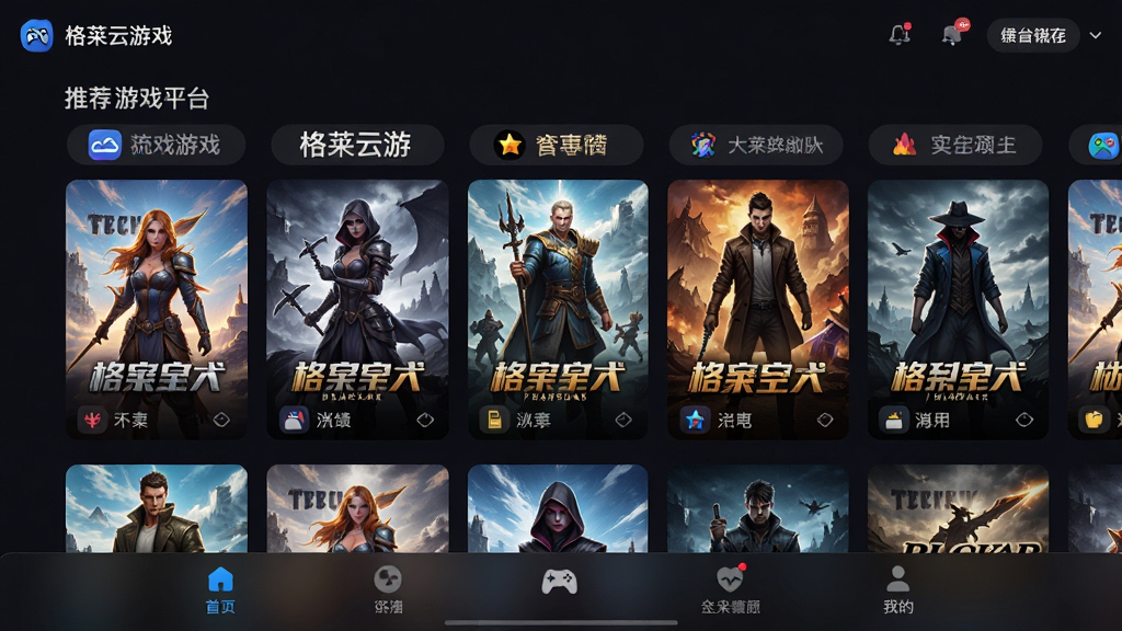 格来云游戏主界面展示,画面中央为云游戏平台推荐游戏海报墙,包含多款热门大作封面,底部导航栏清晰可见,整体布局简洁明快,风格为现代科技感UI设计,细节包含游戏图标与分类标签,画质高清干净,无多余元素
