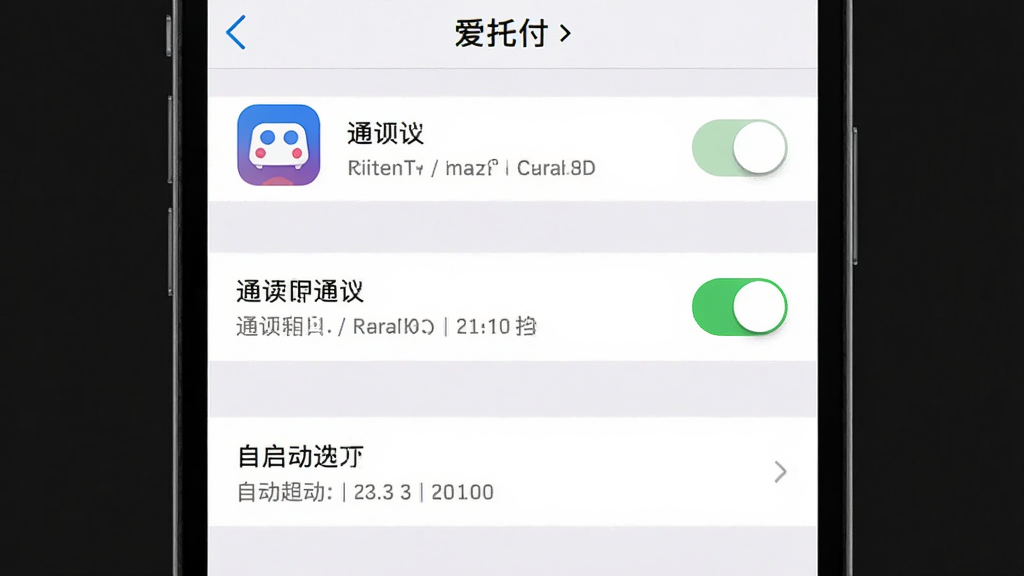 主体为爱托付应用在手机上的设置界面,展示通知权限开关和自启动选项,布局为垂直列表,排版清晰。风格为真实手机系统设置截图风格,细节包括开关按钮、应用图标。画质高清,干净,无多余元素。
