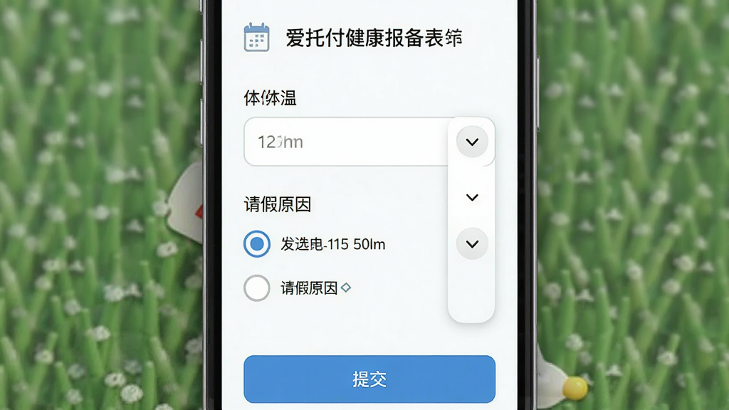 主体为爱托付健康报备表单界面,包含体温输入框、请假原因选项和提交按钮,布局为垂直表单,排版清晰。风格为简约移动端设计,细节包括日历图标、下拉菜单。画质高清,干净,无多余元素。