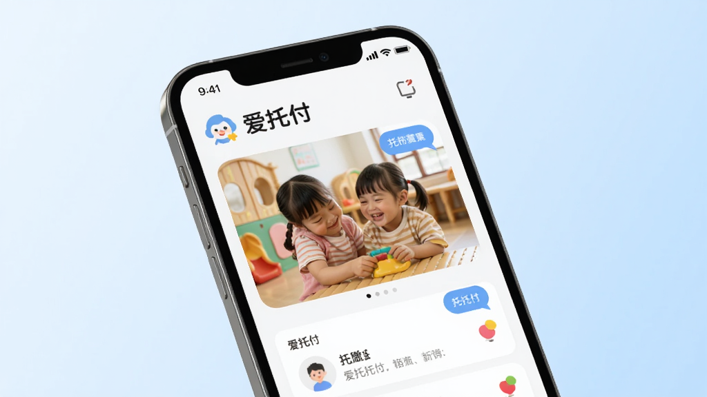 画面主体为一部智能手机,屏幕上展示爱托付应用界面,界面中有一张温馨的幼儿园场景照片和“爱托付”字样。布局为手机居中,背景是柔和的浅蓝色渐变。排版上手机略微倾斜,界面元素清晰可见。风格为现代扁平化UI设计,细节包括圆形图标、消息气泡和通知卡片。画质高清,干净,无多余元素。