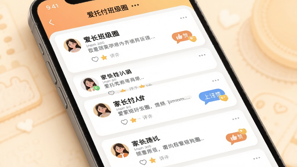 主体为爱托付班级圈界面,展示多条家长与老师的互动帖子,布局为卡片式信息流,排版错落有致。风格为温暖社交应用风格,细节包括点赞手势、评论气泡。画质高清,干净,无多余元素。