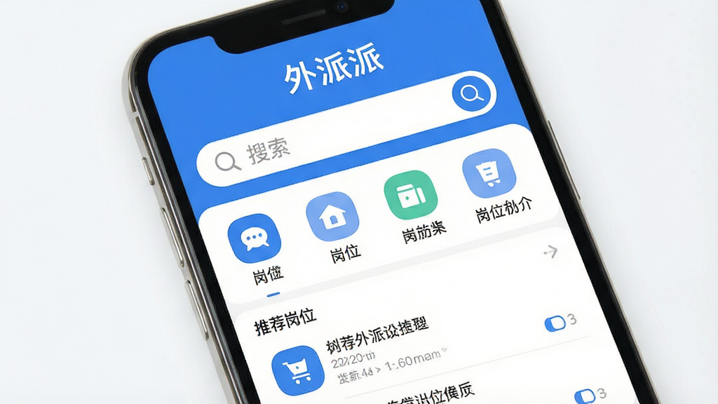一张手机应用界面展示图,画面中央是“外派派”应用的主页,顶部显示“外派派”文字标识,页面布局包含搜索框、岗位分类图标和推荐岗位列表,整体采用蓝白配色,风格简洁明快,排版清晰,细节上按钮圆润、图标扁平化,画质高清,干净,无多余元素