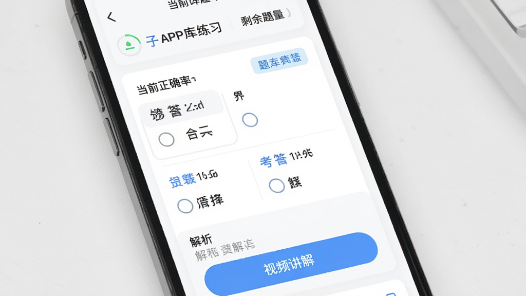考搭子APP题库练习界面,手机屏幕内展示一道选择题与四个选项,下方有解析区域和视频讲解按钮,屏幕上方显示当前正确率与剩余题量,背景为白色卡片式设计,点缀淡蓝色标签,风格清爽,画质干净,无多余元素