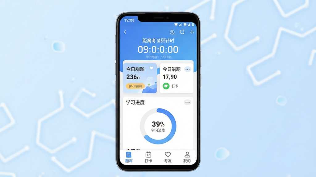 考搭子手机应用主界面展示,画面中央是一部竖屏安卓手机,屏幕内呈现考搭子APP的首页布局,顶部显示距离考试倒计时,中部为今日刷题任务卡片与学习进度环形图,底部导航栏包含题库、打卡、考友、我的四个图标,背景为浅蓝色渐变,风格清新简约,细节清晰,画质干净,无多余元素