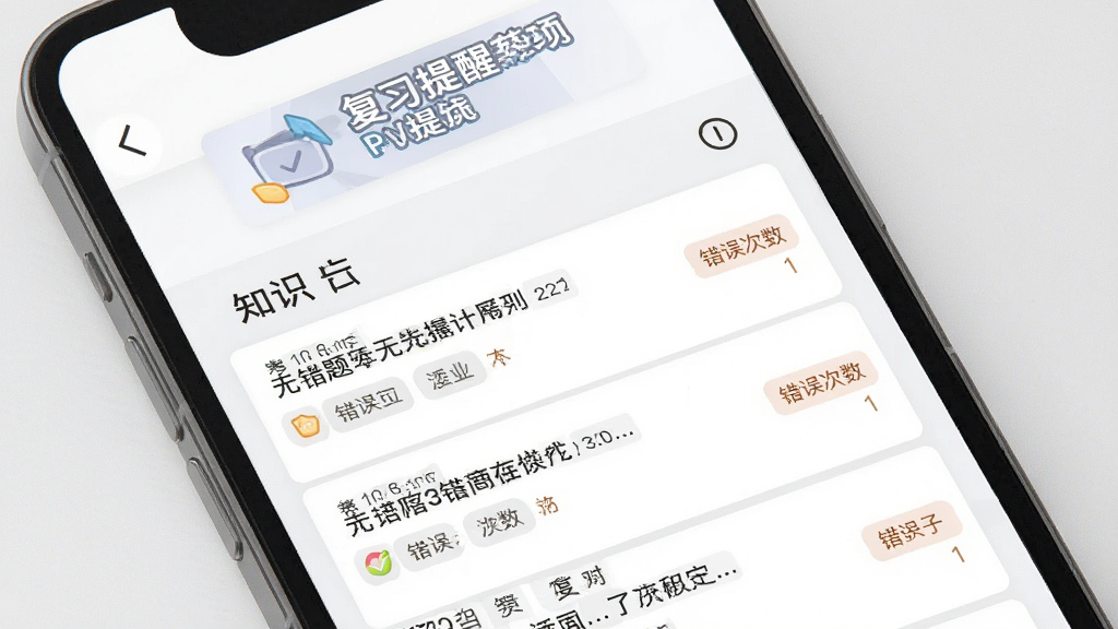 考搭子错题本页面,手机屏幕内展示错题列表与知识点标签,每道题旁标注错误次数,顶部有复习提醒横幅,背景为白色与浅灰色搭配,风格简洁高效,画质干净,无多余元素