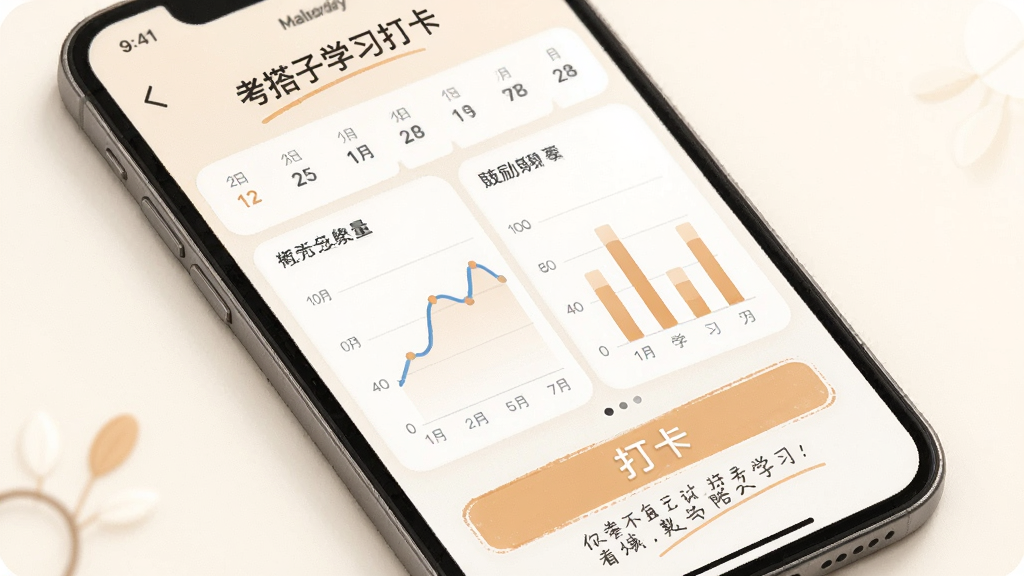 考搭子学习打卡页面,手机屏幕内显示日历打卡记录与学习数据图表,包括折线图和柱状图,底部有打卡按钮与鼓励文案,背景为柔和米白色,风格温暖励志,画质干净,无多余元素