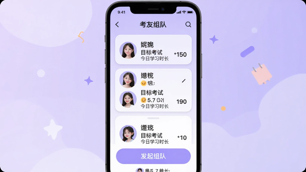考搭子考友组队界面,手机屏幕内展示考友列表与组队邀请卡片,每张卡片包含头像、昵称、目标考试与今日学习时长,底部有发起组队按钮,背景为淡紫色渐变,风格活泼友好,画质干净,无多余元素