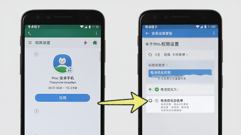 考搭子安卓手机安装与权限设置示意图,画面展示一部手机屏幕显示应用安装界面与权限管理页面,旁边有箭头指向电池优化白名单选项,背景为浅灰色,风格教程类,细节清晰,画质干净,无多余元素