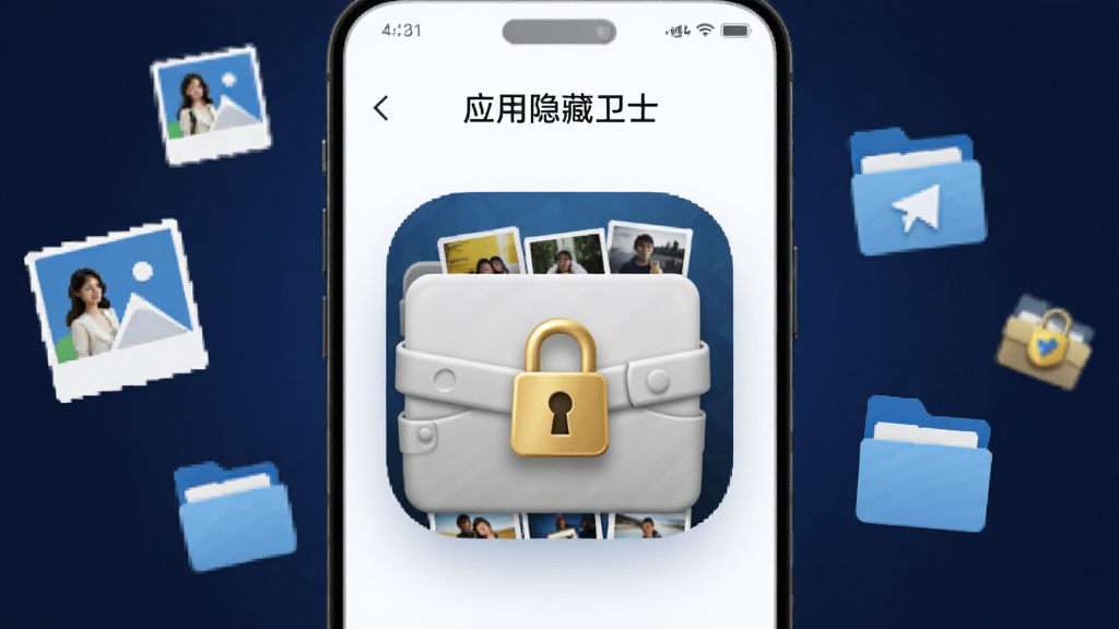 一张展示手机私密相册功能的渲染图,画面中