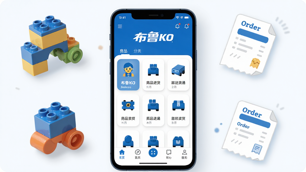 布鲁可进货通手机应用界面展示,主体为一部竖屏安卓手机,屏幕显示布鲁可进货通APP首页,布局包含顶部品牌标识、中部商品分类入口和底部导航栏;手机周围环绕积木玩具元素和订单单据图标;风格为清爽扁平化科技风,细节包含圆角卡片、柔和阴影和品牌蓝色调;画质高清,画面干净,无多余元素。