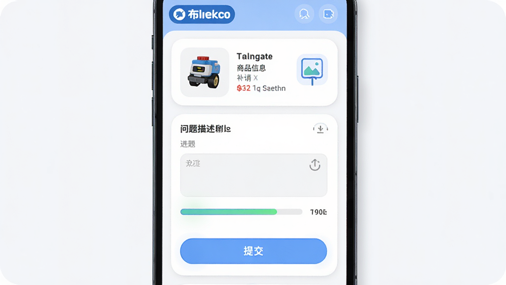 布鲁可进货通补件申请功能展示图,主体为手机屏幕显示补件申请表单,布局为上方商品信息区、中部问题描述输入框、下方提交按钮;风格为柔和圆角卡片风,细节包含上传图片图标和进度提示条;画质高清,画面干净,无多余元素。