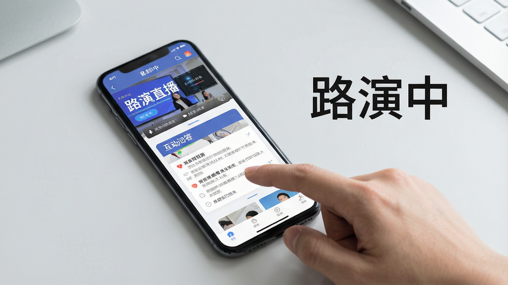 一张展示路演中APP在手机端使用指南的示意图,画面中有一部手机和一只手正在操作屏幕,屏幕内显示路演直播和互动问答界面,旁边有简洁的文字标注