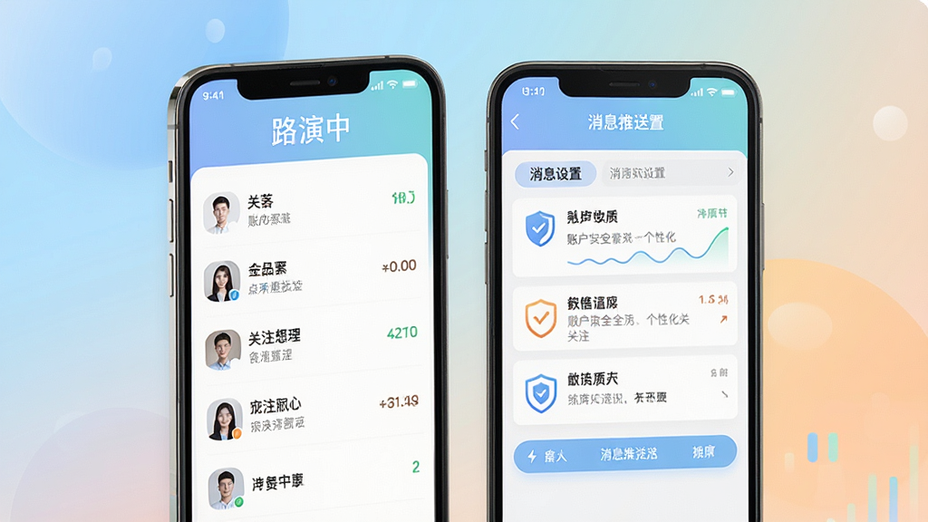 一张展示路演中APP账户安全与个性化关注功能的手机界面图,屏幕中显示关注列表和消息推送设置页面,顶部有