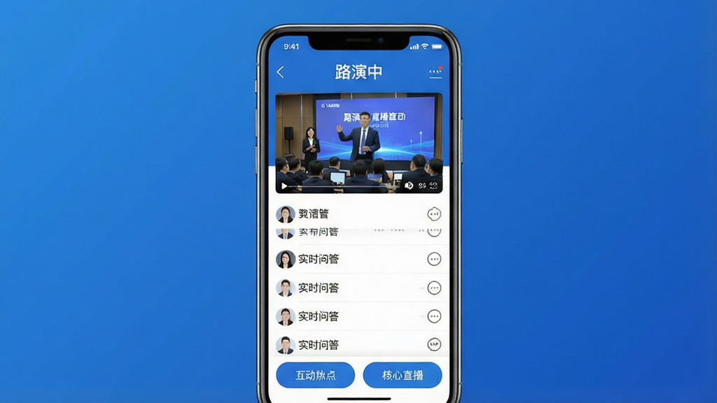 一张展示路演中APP核心界面的手机样机图,画面中央是一部竖屏智能手机,屏幕内显示路演直播互动页面,页面顶部有