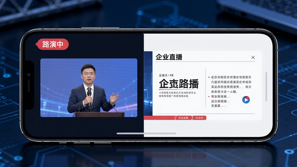 一部智能手机横屏展示路演中APP的直播界面,屏幕中正在播放一场企业路演直播,画面中有演讲者视频窗口和PPT演示区域,屏幕上方有