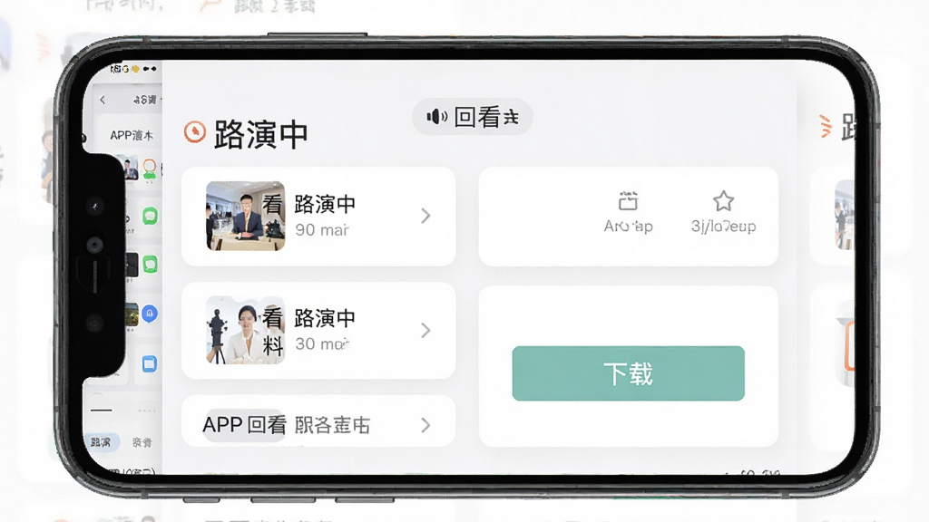 一张展示路演中APP回看与资料下载功能的界面截图,手机屏幕内显示路演回看列表和资料下载按钮,界面中有