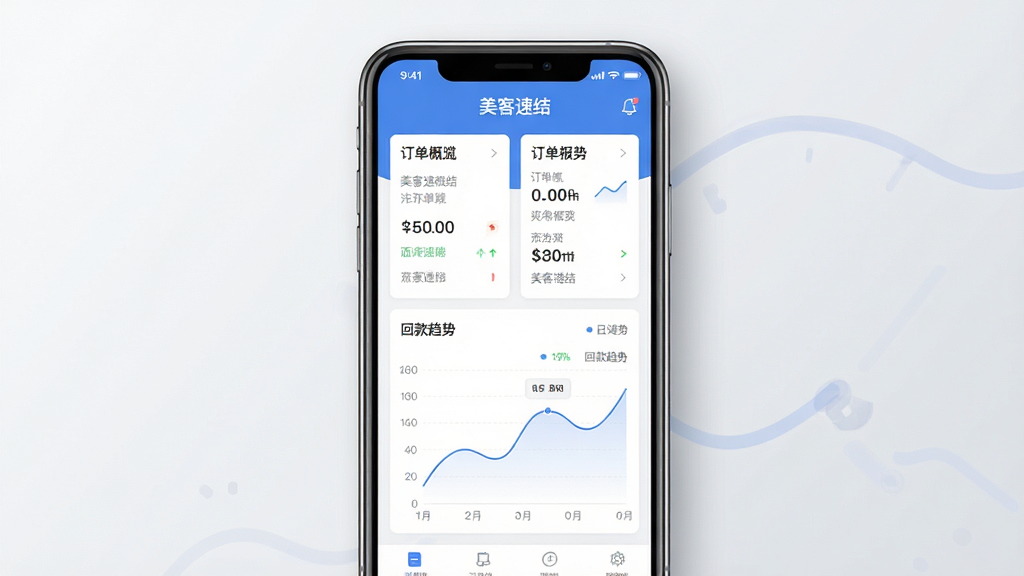 一张展示美客速结-客户端核心界面的手机样机图,主体为一部竖屏智能手机,屏幕内显示着美客速结-客户端的仪表盘界面,包含订单概览卡片和回款趋势折线图,布局采用居中构图,背景为干净的浅灰色渐变,风格为现代扁平化科技风,细节上手机边缘带有轻微阴影,界面元素清晰锐利,画质为4K超清,整体画面干净无多余元素,画面中带文字“美客速结”