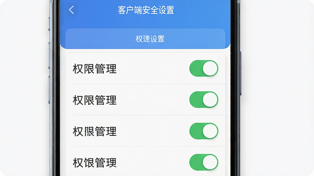 一张展示美客速结-客户端安全设置界面的图片,主体为手机屏幕显示权限管理开关列表,布局为垂直列表式,风格为扁平化设计,细节上开关按钮呈现绿色开启状态,画质为1080P,画面干净,图中带有文字“权限设置”