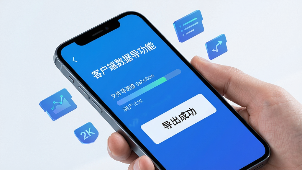 一张展示美客速结-客户端数据导出功能的示意图,画面为手机屏幕显示文件导出进度条和成功提示,主体为手持手机的特写,布局采用对角线构图,风格为现代科技蓝,细节上屏幕周围有浮动的数据碎片图标,画质为2K,画面干净,图中带有文字“导出成功”