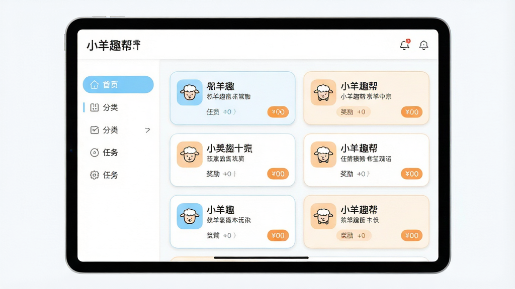 一幅展示“小羊趣帮”悬赏任务模块的界面示意图,主体为一部横向放置的平板设备,屏幕中呈现任务列表页面,列表中包含多个任务卡片,每张卡片带有图标、文字说明与奖励标识。布局采用左右分栏,左侧为分类导航,右侧为任务内容区。风格简洁现代,配色以白底搭配浅蓝与浅橙点缀,细节上加入圆角卡片、细线分隔与清晰文字排版,画质高清,画面干净,无多余元素。