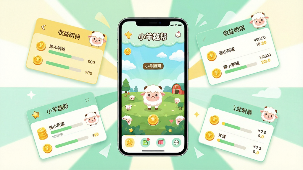 一幅以“小羊趣帮”趣味小游戏与收益记录为主题的组合式插图,画面主体为一部智能手机与若干悬浮的界面卡片,手机屏幕显示小游戏画面,旁边卡片展示收益明细列表。布局采用中心放射式,手机居中,卡片环绕四周。风格活泼明快,配色以浅黄、薄荷绿与白色为主,细节上加入金币图标、进度条与可爱小羊元素,画质高清,画面干净,无多余元素。