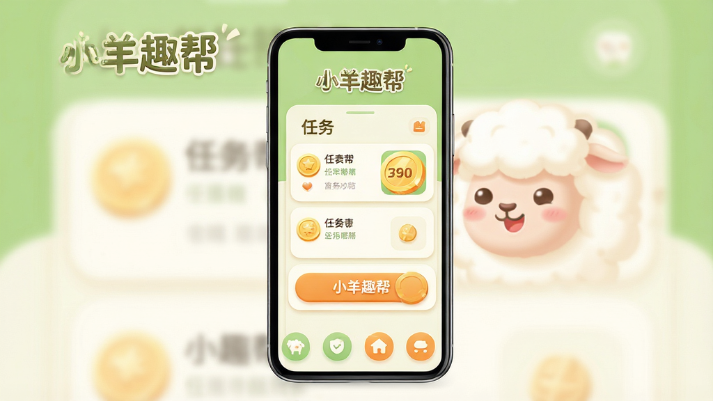 一幅以“小羊趣帮”为核心主题的竖版手机应用展示图,画面主体是一部居中摆放的智能手机,屏幕内清晰显示“小羊趣帮”应用主界面,界面中包含任务列表卡片、金币图标和可爱的卡通小羊形象。布局采用上下分区,上方为品牌标识区,中间为手机主体,下方为功能图标横向排列。整体风格清新活泼,配色以浅绿、奶白与暖橙为主,细节上加入圆角按钮、柔和阴影与简洁图标,画质高清,画面干净,无多余元素。