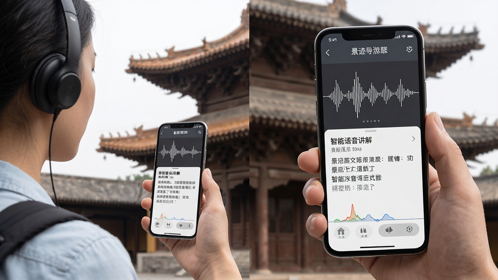 一张展示驴迹导游智能语音讲解功能的生图,主体为游客手持手机站在古建筑前,手机屏幕显示音频波纹与景点介绍文字,布局为人物侧身与手机屏幕特写结合,排版采用左右分割构图,风格为写实摄影风,细节包含耳机、古建筑飞檐与手机界面,画质高清,干净,无多余元素。