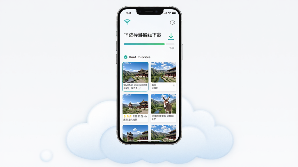 一张展示驴迹导游离线下载功能的生图,主体为手机屏幕显示下载进度条与景区缩略图列表,布局为手机悬浮于云朵图案上方,排版采用中心对称构图,风格为科技简约风,细节包含WiFi信号图标与下载箭头,画质高清,干净,无多余元素。