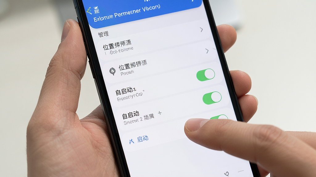一张展示驴迹导游在手机后台运行设置的界面生图,主体为手机屏幕显示应用权限管理列表,布局为手机特写与手指点击操作,排版采用第一人称视角,风格为科技教程风,细节包含位置权限与自启动开关,画质高清,干净,无多余元素。