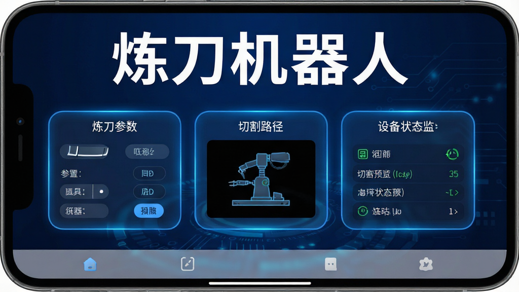一张展示炼刀机器人软件主界面的手机截图,画面中央是深蓝色科技感背景,界面上方显示
