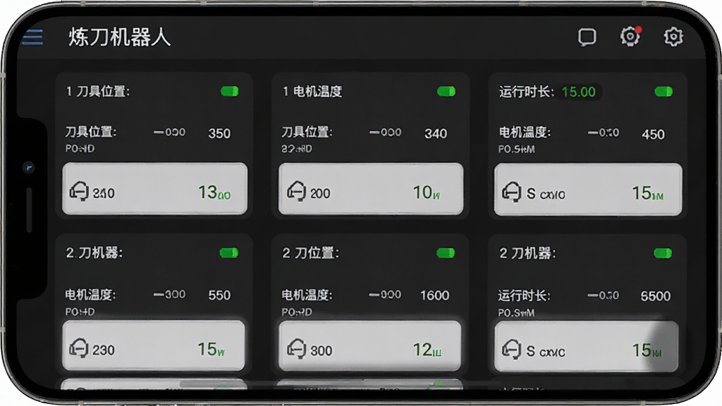 炼刀机器人软件中设备状态远程监控界面的手机截图,画面显示多台设备的运行状态卡片,每张卡片上有刀具位置、电机温度、运行时长等数据,界面顶部有