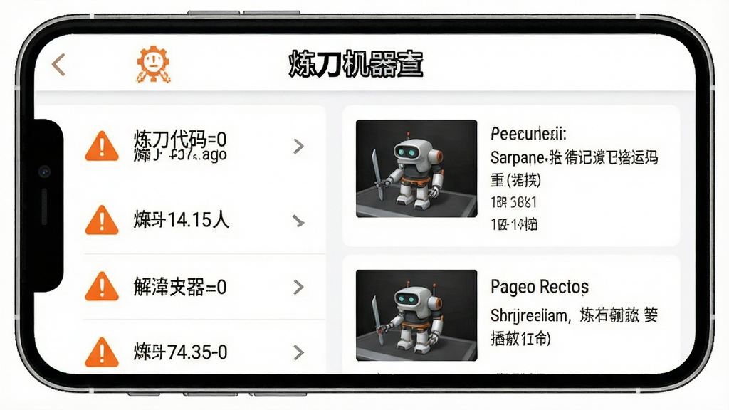炼刀机器人软件中常见故障排查指引界面的手机截图,画面显示故障代码列表与对应的图文解决方案,界面顶部有