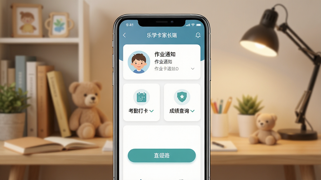 一张展示“乐学卡家长端”手机应用界面的图片,画面中央是一部智能手机,屏幕上显示家长端首页,包含孩子头像、作业通知、考勤打卡、成绩查询等模块,背景为温馨的家庭书房环境,布局清晰,排版整齐,风格现代简约,细节包括图标、文字、按钮,画质高清,干净,无多余元素