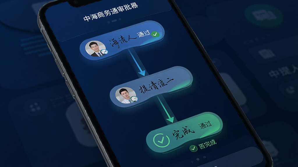 中海商务通审批功能界面图,画面主体为手机屏幕上的审批流程示意图,显示从提交申请到多级审批再到完成的流程节点,每个节点旁有审批人签名和通过状态标识,布局为纵向流程图排版,风格为科技商务风,细节上流程线条带有渐变发光效果,背景为深蓝色,画质清晰,干净,无多余元素