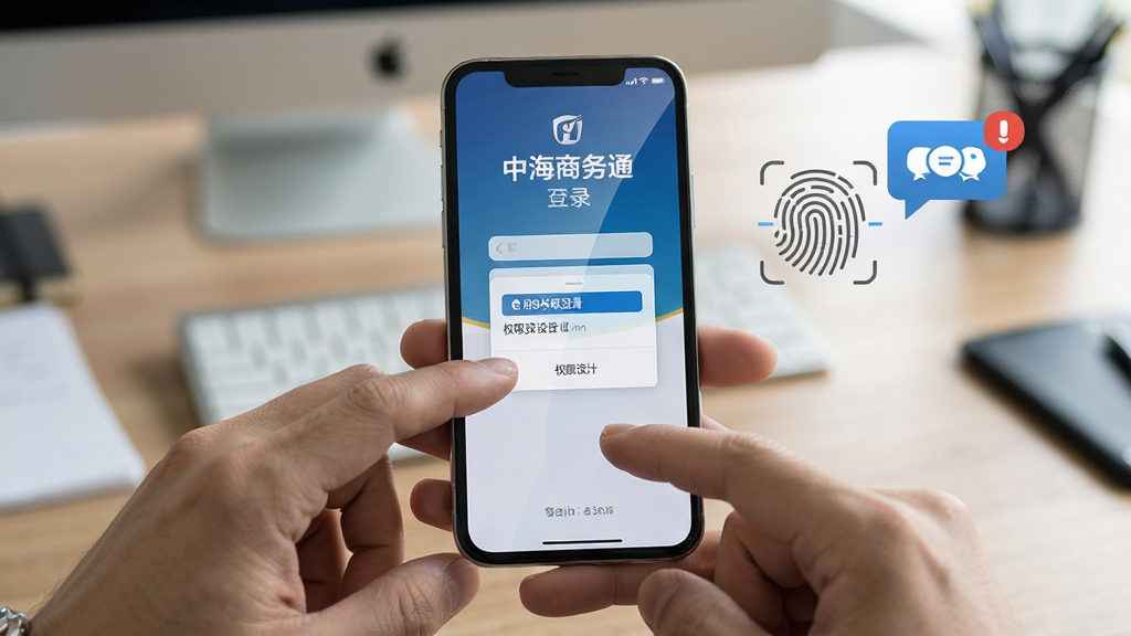 中海商务通在手机上的使用操作示意图,画面主体为一双手持握智能手机,屏幕上显示着中海商务通的登录界面和权限设置弹窗,手机旁边有指纹识别图标和消息通知气泡,布局为第一人称视角,风格为写实商务风,细节上手指动作自然,屏幕反光真实,背景为模糊的办公桌面,画质高清,干净,无多余元素