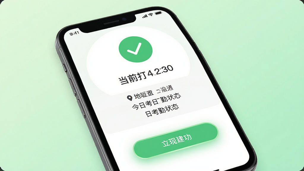 中海商务通考勤打卡界面示意图,画面主体为手机屏幕显示打卡成功页面,屏幕上有一个绿色的对勾图标和当前打卡时间,下方显示地理位置信息和今日考勤状态,布局居中简洁,风格为清新扁平化设计,细节上打卡按钮带有光晕效果,背景为浅绿色渐变,画质高清,干净,无多余元素