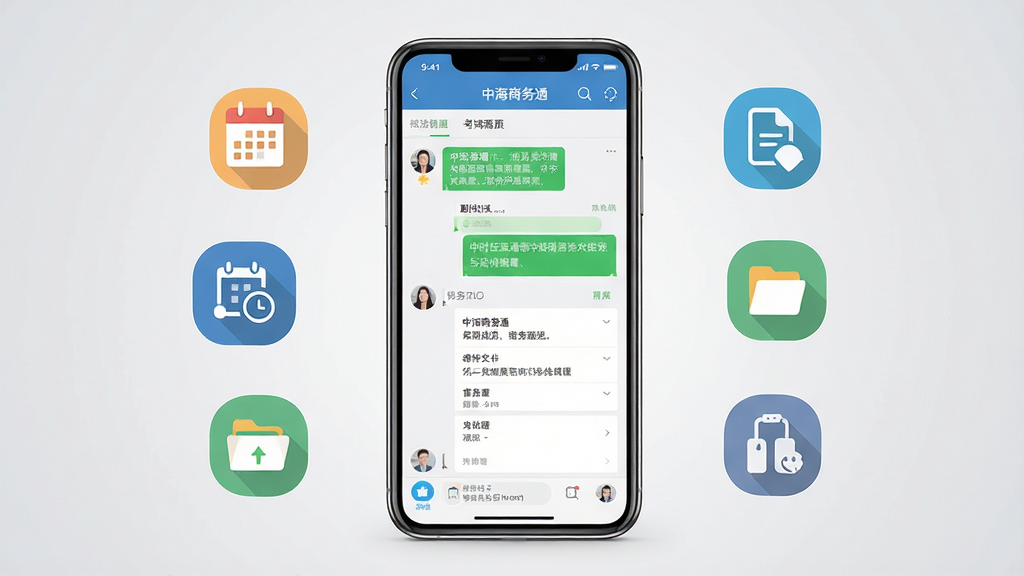 一张展示中海商务通应用界面的手机模型图,画面中央是一部现代智能手机,手机屏幕上清晰显示着中海商务通的即时通讯和任务看板界面,手机周围环绕着日程提醒图标、审批流转图标、文件共享图标和考勤打卡图标,整体布局简洁有序,风格为现代商务扁平化设计,细节上手机边框带有金属质感,背景为浅灰色渐变,画质高清,干净,无多余元素