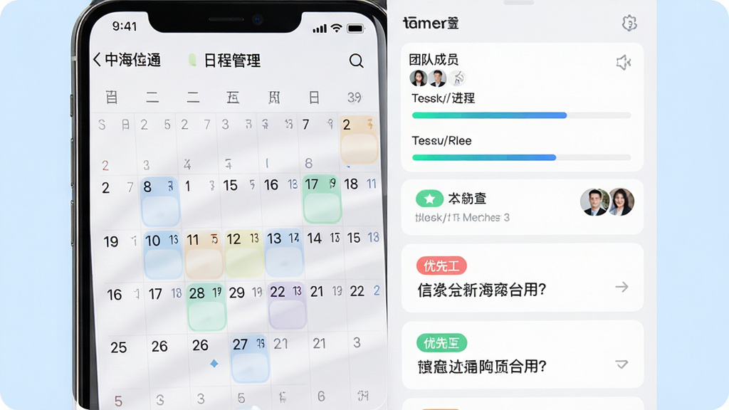 中海商务通应用内的日程管理界面展示图,画面主体为手机屏幕上的月历视图和任务卡片列表,月历上有若干日期被高亮标记,右侧有任务进度条和团队成员头像,布局采用左右分栏排版,风格为简约商务浅色系,细节上任务卡片带有优先级色标,背景为柔和的浅蓝色,画质高清,干净,无多余元素