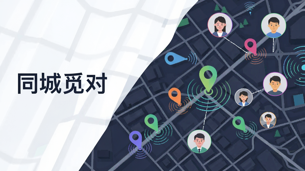 主体为一张城市地图俯瞰视角,地图上分布多个彩色定位光点,每个光点连接一个圆形头像,布局采用对角线构图,排版左侧放置同城觅对文字标识,风格为科技感扁平插画,细节包括街道线条、定位波纹、头像轮廓,画质清晰,画面干净,无多余元素