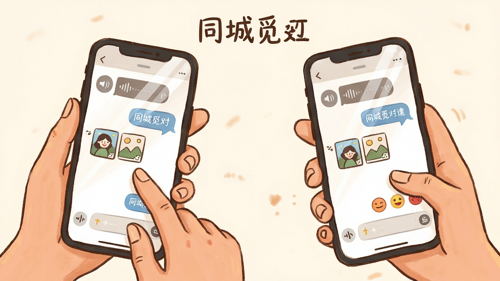 主体为两只手各自握着一部手机,手机屏幕显示同城觅对的聊天界面,包含语音条、图片缩略图和表情图标,布局采用左右对称构图,排版上方居中放置应用名称,风格为温暖手绘插画,细节包括手指动作、聊天气泡、屏幕反光,画质细腻,画面干净,无多余元素