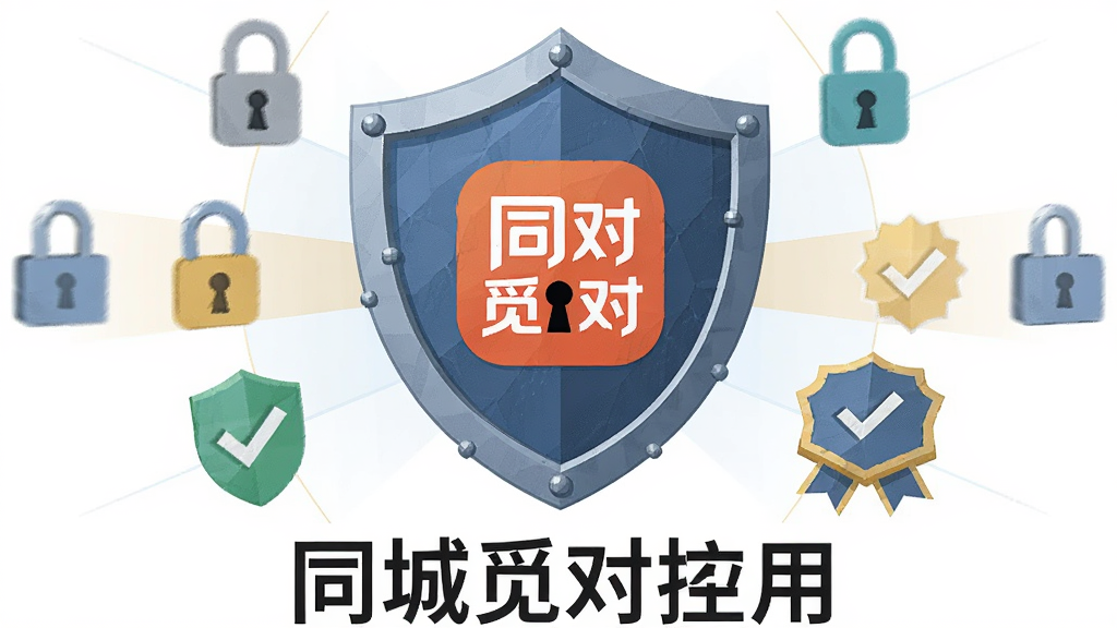 主体为一个盾牌形状的隐私保护图标,盾牌中央嵌入同城觅对应用标志,盾牌周围环绕锁形符号和认证徽章,布局采用中心放射构图,排版下方放置应用名称文字,风格为安全主题扁平图标,细节包括盾牌纹理、认证对勾、锁孔形状,画质锐利,画面干净,无多余元素