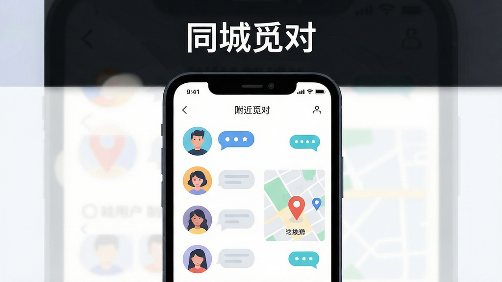 主体为一部智能手机屏幕亮起,屏幕中央展示同城觅对应用界面,包含附近用户头像列表和地图定位标记,布局采用居中构图,上方留白放置应用名称文字,排版简洁清晰,风格为现代扁平化UI插画,细节包括人物头像、聊天气泡、定位图标,画质高清,画面干净,无多余元素