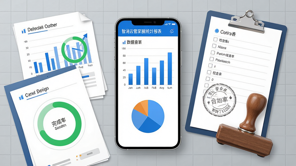 智消云管家数据统计报表展示,画面中央为手机屏幕显示柱状图与饼状图,周围环绕数据文档、检查表、合规印章等元素,布局采用中心突出式构图,排版清晰,风格为现代办公风,细节包含蓝色数据柱、绿色完成率圆环、灰色背景网格,画质锐利,干净无多余元素