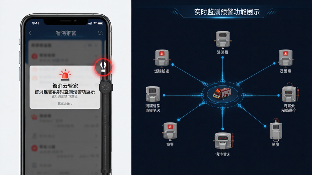 智消云管家实时监测预警功能展示,画面左侧为手机屏幕显示报警推送通知,右侧为消防设备网络拓扑图,布局采用左右分栏构图,排版简洁明了,风格为商务科技感,细节包含红色预警闪烁标识、蓝色数据连接线、灰色设备节点,画质清晰,干净无多余元素