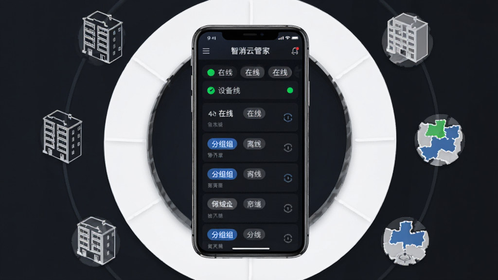 智消云管家设备集中管理界面,画面中央为手机屏幕展示设备列表与分组标签,周围环绕楼栋轮廓、区域划分图标,布局采用环绕式构图,排版整齐,风格为简约商务风,细节包含绿色在线标识、灰色离线标识、蓝色分组标签,画质高清,干净无多余元素